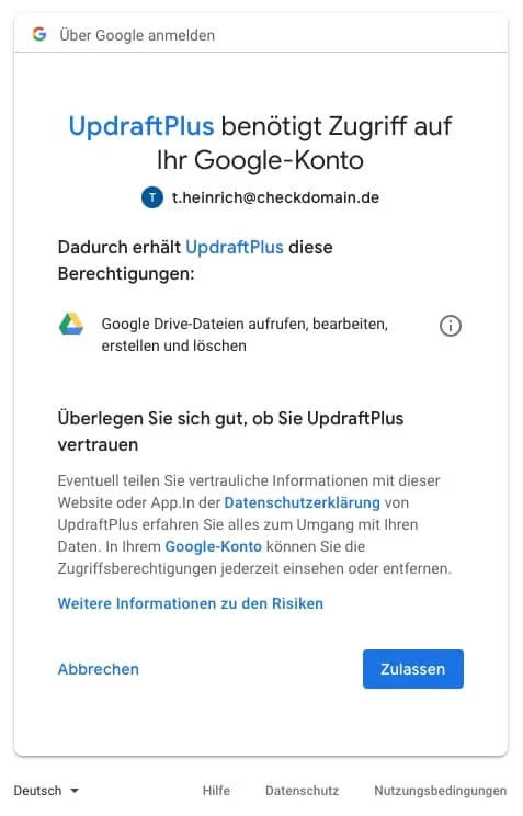 Screenshot einer UpdraftPlus-Google-Zugriffsanfrage mit Abbrechen- und Zulassen-Buttons.