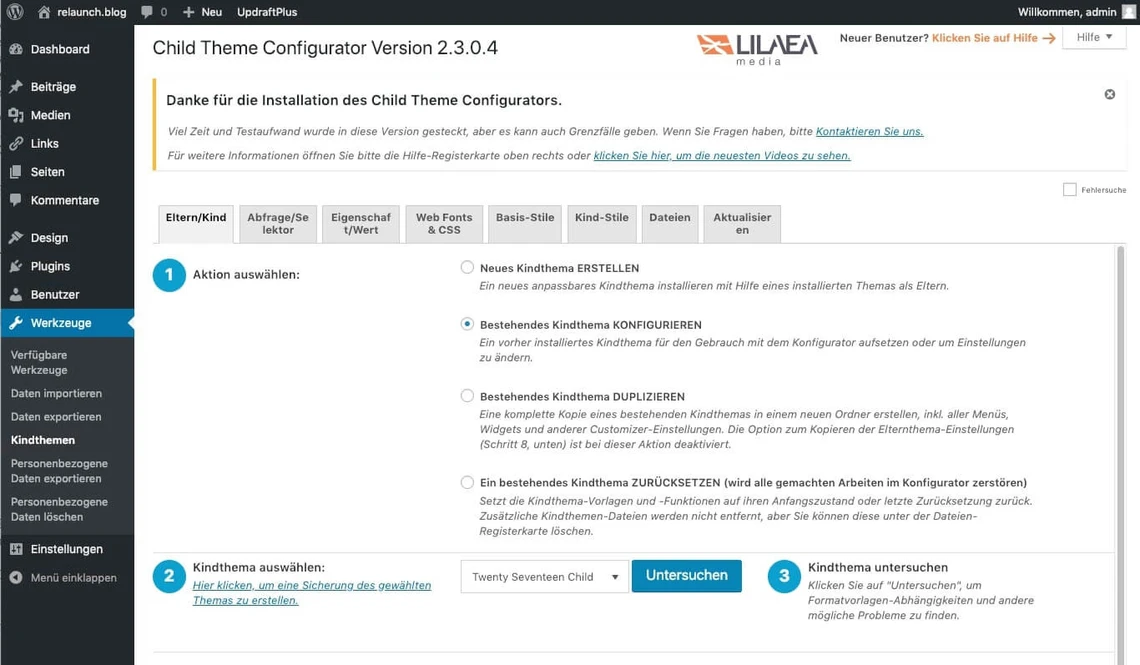 Screenshot der WordPress-Admin-Oberfläche des Child Theme Configurator mit Installationshinweisen und zwei Schritten.