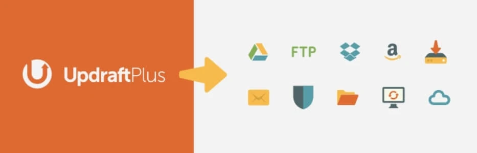 Oranger Bereich mit UpdraftPlus-Logo; Pfeil nach rechts zu Reihe kleiner Icons von Speicher-/Cloud-Diensten auf weißem Hintergrund.