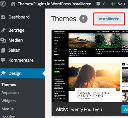 WordPress-Admin-Oberfläche mit Theme-Auswahl: linke Seitenleiste hebt Design hervor, Installieren-Button sichtbar.