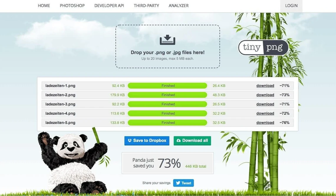 Heller Himmel mit Panda links, Bambus rechts; Upload-Feld mit Drop your .png or .jpg files here! und TinyPNG; Menüleiste.