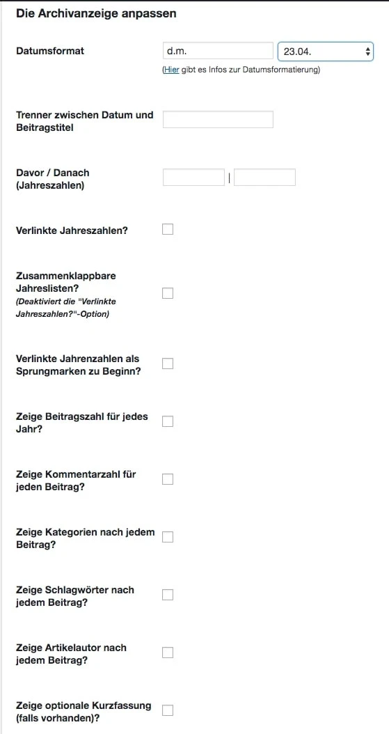 Screenshot eines Formulars zur Anpassung von Datum- und Jahreszahlen-Einstellungen, mit Eingabefeldern und Checkboxen.