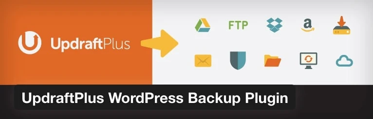 Oranger Bereich links mit UpdraftPlus-Logo, Pfeil nach rechts zu weißem Bereich mit Icons (FTP, Box, Amazon, Mail); schwarzer Banner unten.