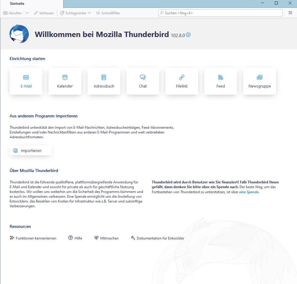 Thunderbird Willkommensseite: Symbolleiste mit E-Mail, Kalender, Adressbuch, Chat, Filelink; Importieren-Button.