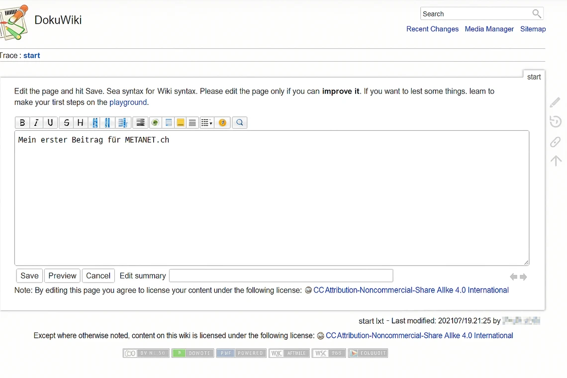 Screenshot einer DokuWiki-Editierseite mit Toolbar und Textfeld; Text enthält 'Mein erster Beitrag für METANET.ch'.
