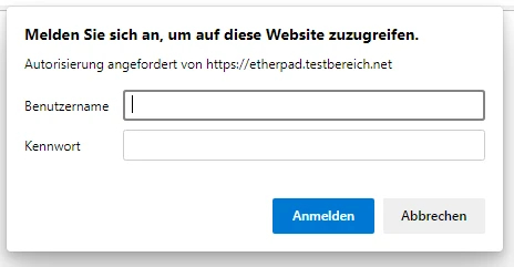 Anmelde-Dialogfenster mit Feldern Benutzername und Kennwort, Buttons Anmelden und Abbrechen.