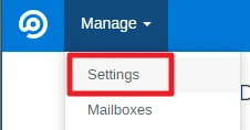 Dropdown-Menü unter 'Manage' mit der hervorgehobenen Option 'Settings' (roter Rahmen).