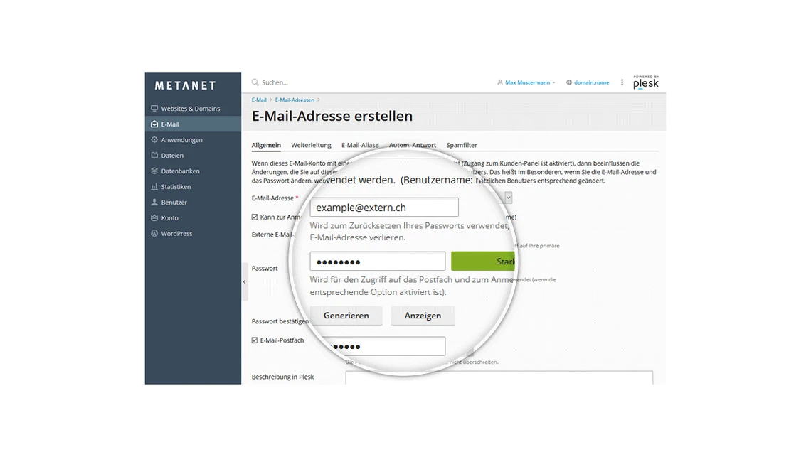 Screenshot einer Web-App: linkes dunkles Menü, E-Mail-Adresse erstellen, Formularfelder, grün markierter Start-Button, Lupe.