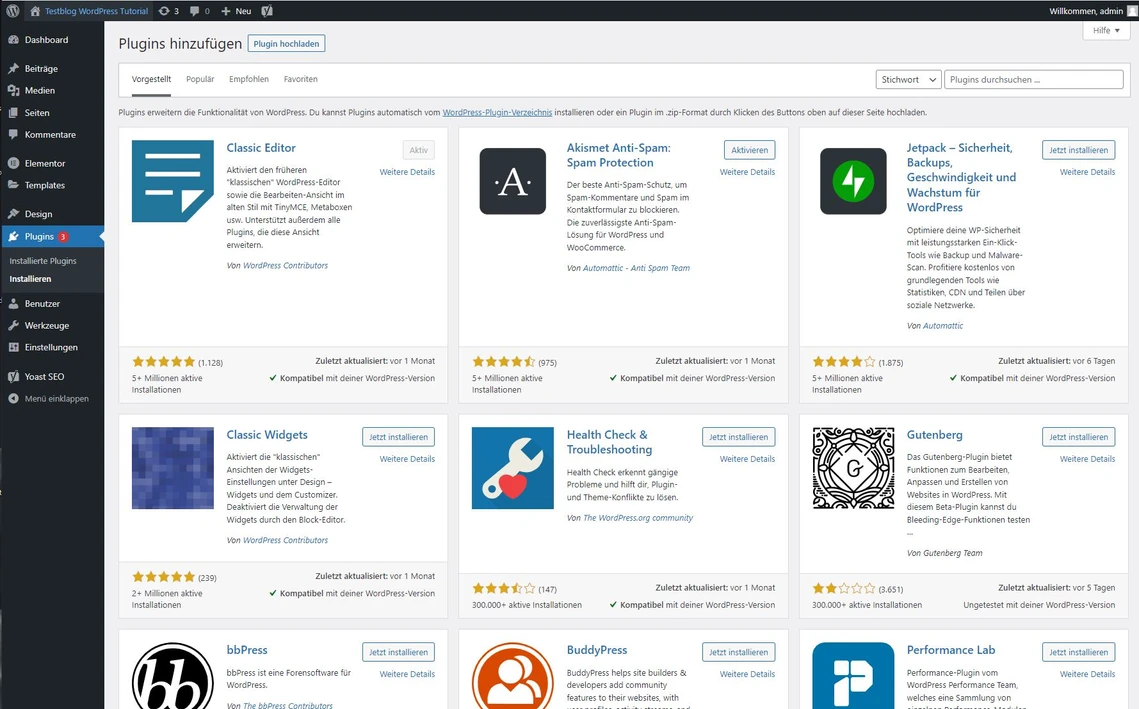 Screenshot der WordPress-Plugins-Seite mit Suchfeld und Plugin-Karten (Classic Editor, Akismet, Jetpack, Gutenberg).