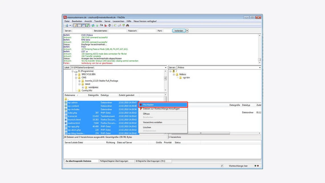 Screenshot eines Windows-Dateiübertragungsprogramms: linkes Verzeichnis, rechte Dateiliste, Kontextmenü geöffnet.