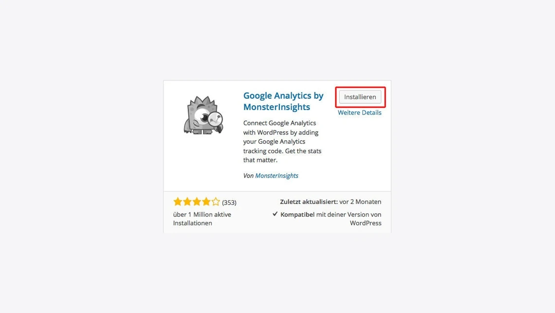 Kleines Plugin-Fenster mit MonsterInsights-Logo, Name Google Analytics by MonsterInsights, Installieren-Button und Sterne.