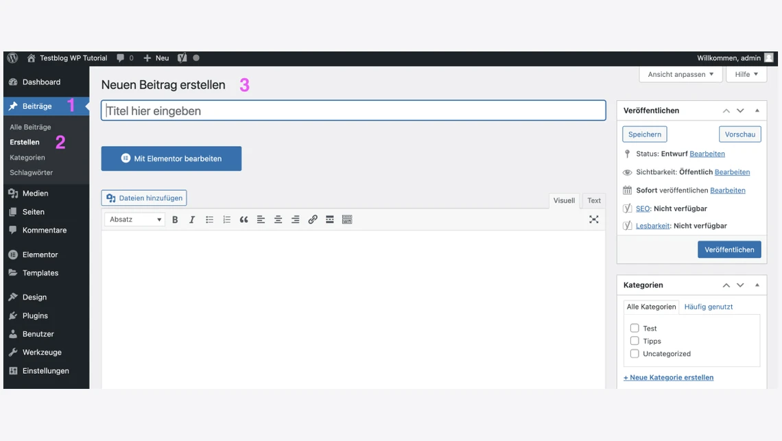 WordPress-Adminbereich: linke Navigation, Hauptbereich mit 'Neuen Beitrag erstellen' und Titel-Eingabe; Editor leer, Veröffentlichungsbereich rechts.
