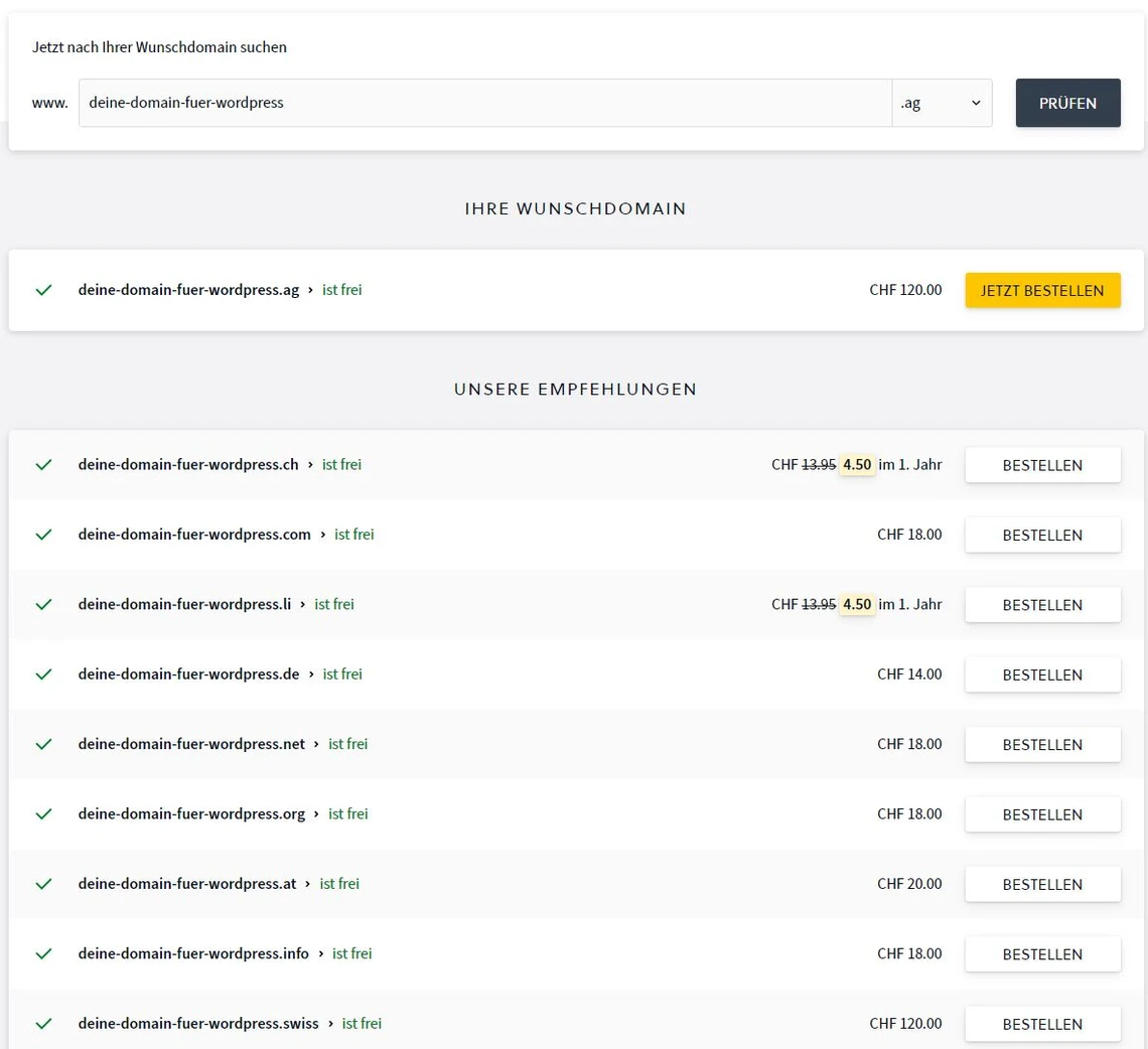 Screenshot einer Domain-Suchseite: Suchfeld, Abschnitt 'Ihre Wunschdomain' und Liste freier Domains mit Preisen.