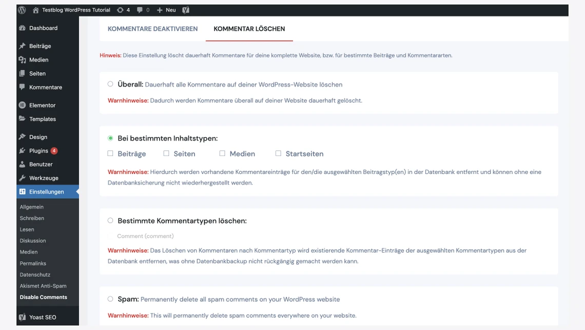 WordPress-Admin-Dashboard: linke Seitenleiste mit Menüpunkten, rechte Einstellungsseite mit Hinweisen.