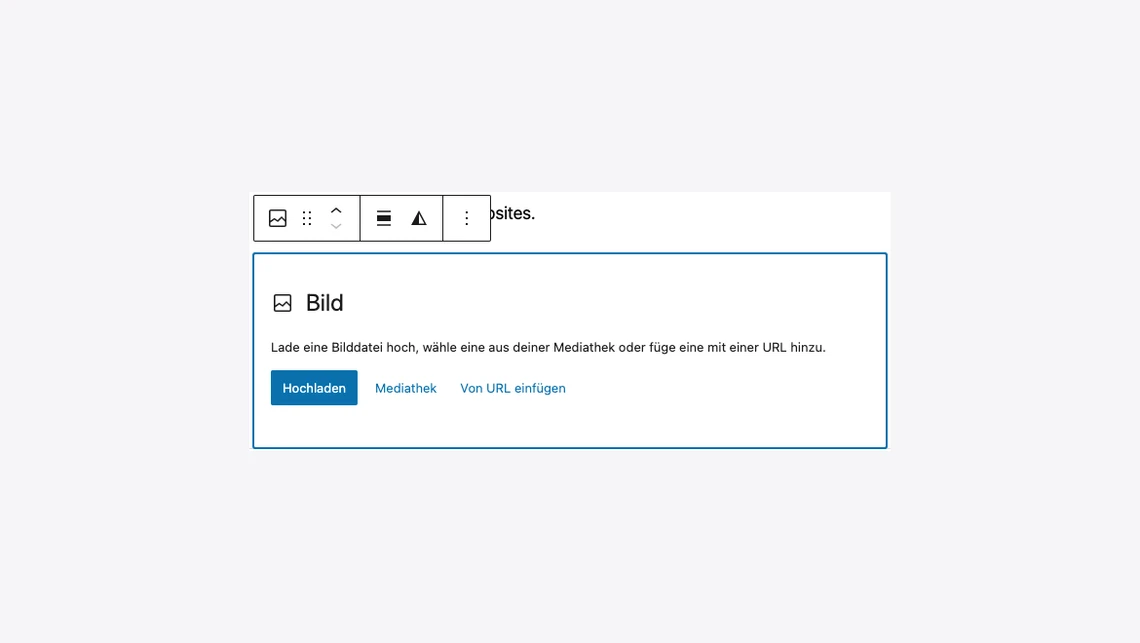 Screenshot eines Bild-Einfüge-Dialogs in einem Editor: Titel Bild mit Optionen Hochladen, Mediathek, Von URL einfügen.