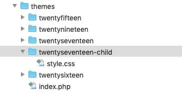 Dateibrowser: Themes-Verzeichnis mit Ordnern twentyfifteen, twentynineteen, twentyseventeen und twentyseventeen-child (style.css); daneben twentysixteen und index.php.