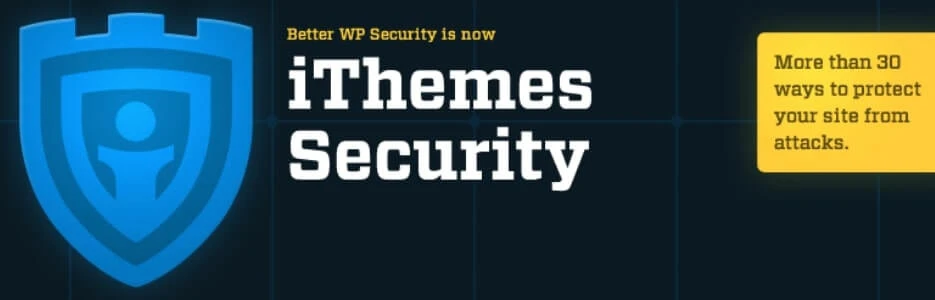 Blaues Schild-Logo links, weiße Schrift 'iThemes Security', dunkler Raster-Hintergrund, gelber Hinweis-Kasten rechts.