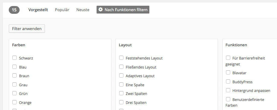 Benutzeroberfläche mit drei Abschnitten: Farben, Layout, Funktionen; mehrere Checkboxen darunter (Beispiele: Schwarz, Blau).