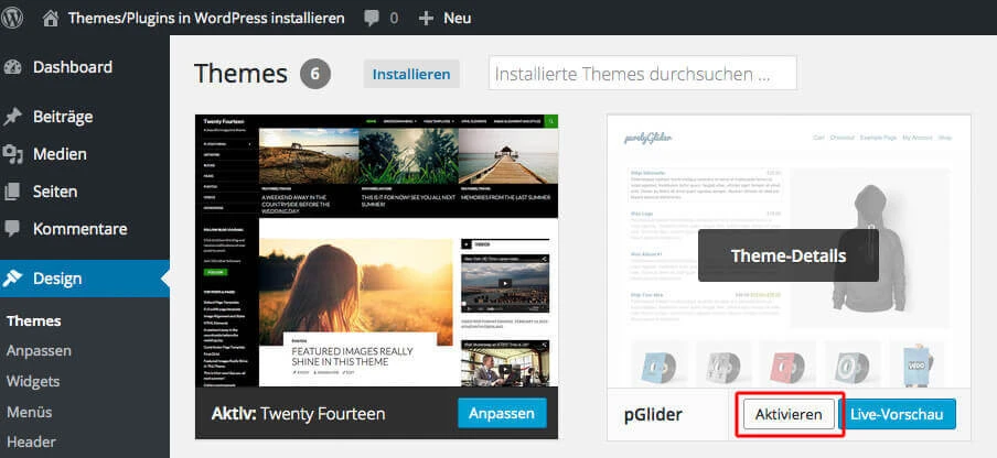 WordPress-Adminbereich: Theme-Übersicht mit zwei Thumbnails, Aktivieren- und Live-Vorschau-Button, linkes Menü.
