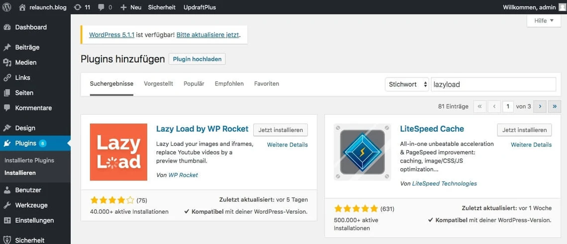 Screenshot der WordPress-Plugins hinzufügen-Seite mit zwei Karten: Lazy Load by WP Rocket (rotes Logo) und LiteSpeed Cache (blaues Symbol).