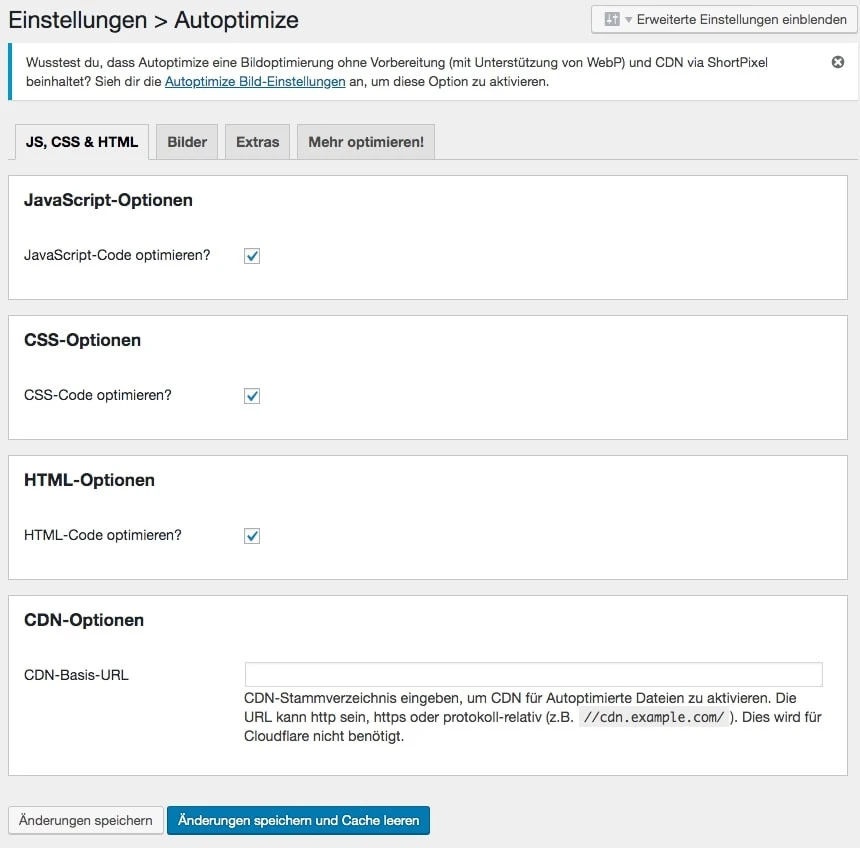 Screenshot der Autoptimize-Einstellungen: JS-, CSS- und HTML-Codeoptimierung aktiviert; CDN-Basis-URL-Feld sichtbar.