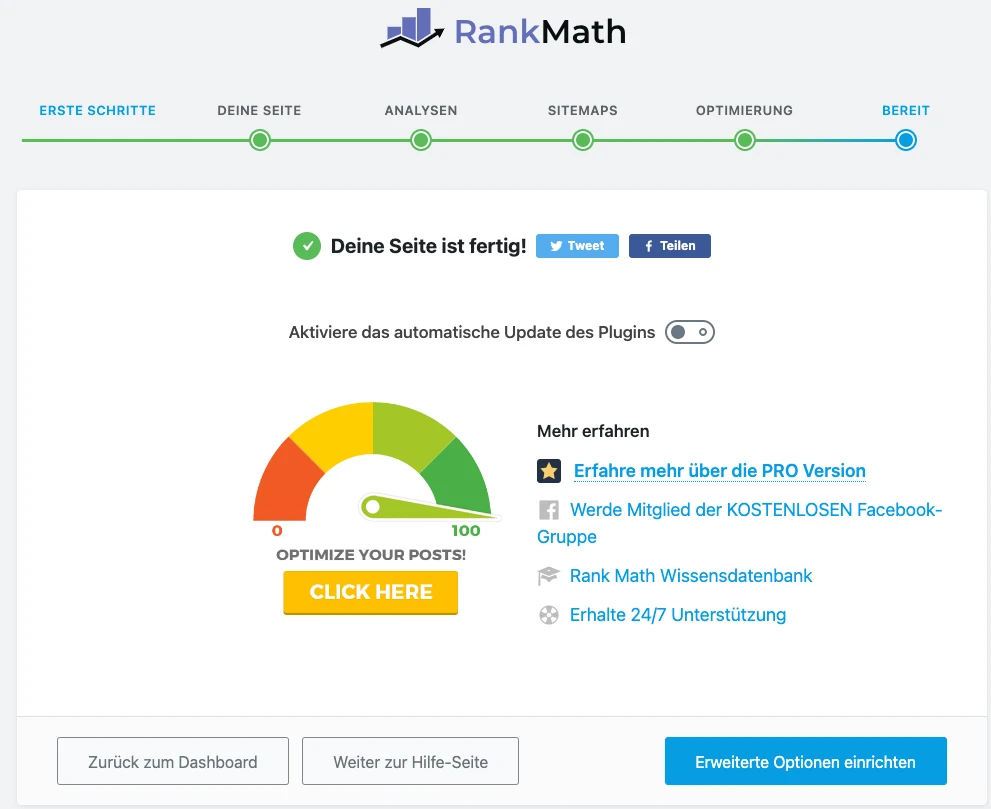 RankMath-Dashboard-Screenshot: Fortschrittsbalken, Logo, grüne Meldung, Anzeige 0–100, gelber Button "CLICK HERE".