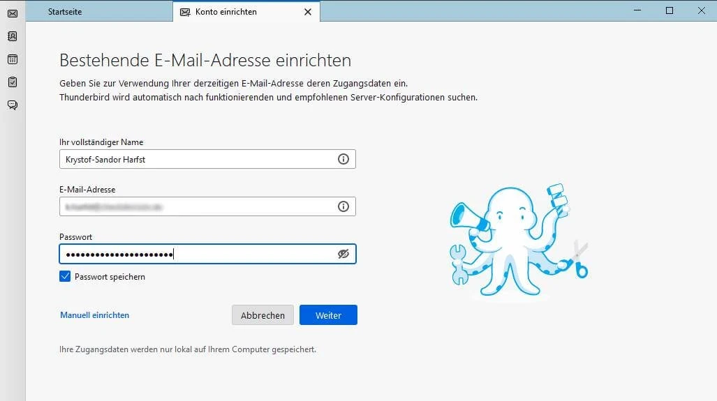 Screenshot eines E-Mail-Einrichtungsformulars; rechts eine blaue Meereswesen-Illustration.