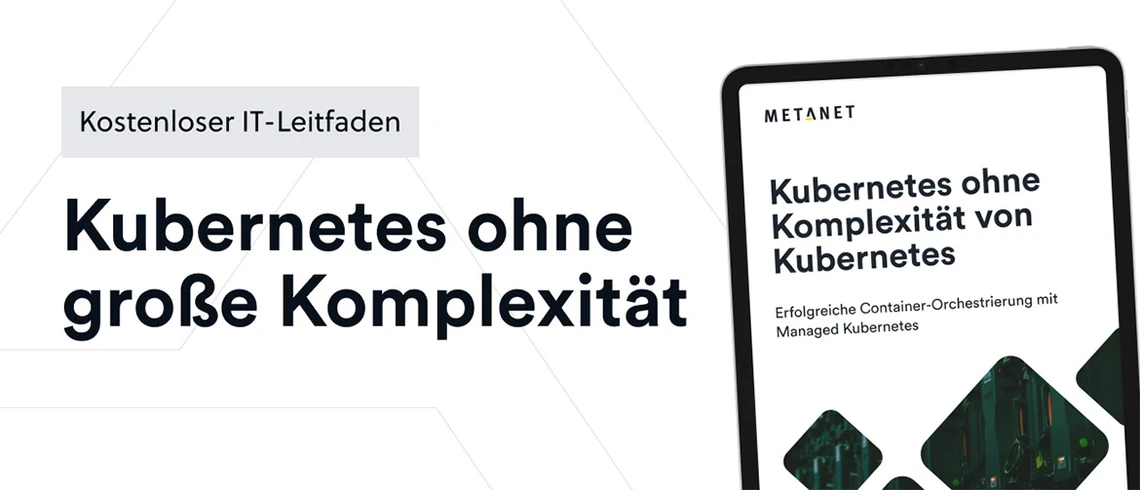 Linke Seite: 'Kostenloser IT-Leitfaden' über 'Kubernetes ohne große Komplexität'; rechts schräg ein Tablet mit Buchcover.