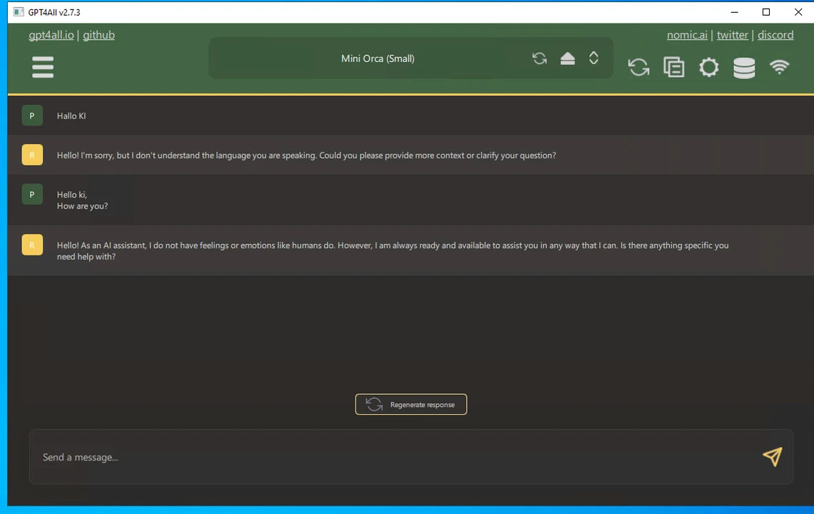 Screenshot einer Chat-Anwendung im Dunkelmodus mit farbigen Chatblasen und Texteingabefeld unten.