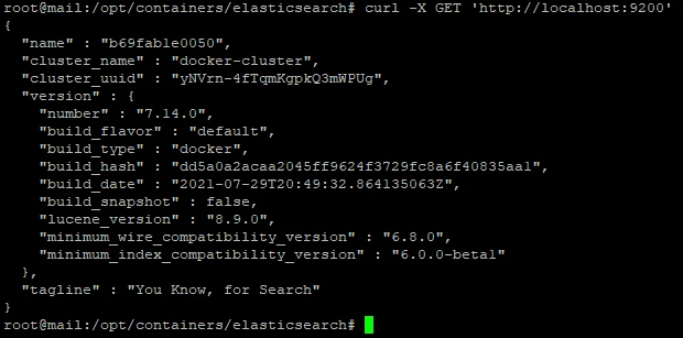 Terminal mit curl -X GET 'http://localhost:9200'; JSON-Antwort zeigt name, cluster_name, cluster_uuid und Version 7.14.0
