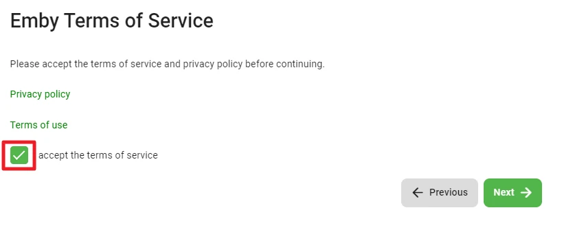 Emby Terms of Service-Seite mit angekreuztem Kontrollkästchen neben 'accept the terms of service' und grünem Next-Button.