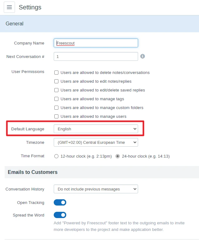 Settings – General: Company Name Freescout, Default Language English, Timezone, Time Format, Open Tracking, Spread the Word.