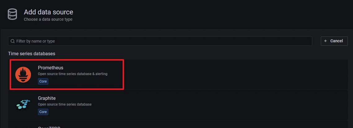 Dunkles UI-Fenster 'Add data source' mit Zeitreihen-Datenbanken; Prometheus mit Flammen-Symbol, rote Umrandung.