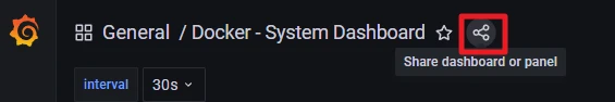 Dunkles Dashboard mit General / Docker - System Dashboard; links orange Logo, rechts Share-Icon mit Tooltip Share dashboard.