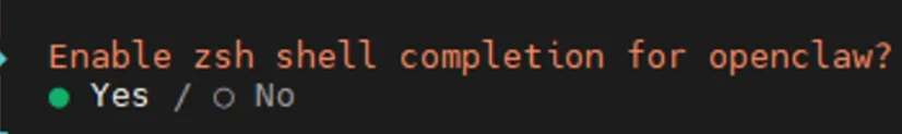 Dunkles Terminalfenster mit orangefarbenem Prompttext 'Enable zsh shell completion for op...' und grünem Punkt neben 'Yes / No'.