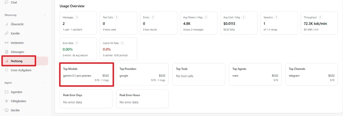 Screenshot eines Dashboards; linke Seitenleiste mit markiertem 'Nutzung'; Überschrift 'Usage Overview' und KPI-Karten.