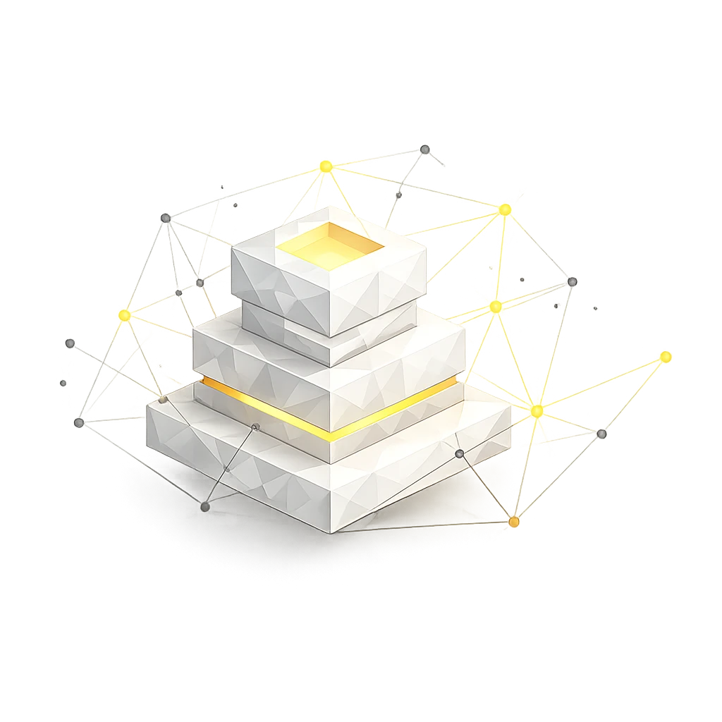 Weiße, geometrische, gestapelte Würfelpyramide mit goldenen Kanten; gelbe Netzwerklinien und Punkte im Umfeld.