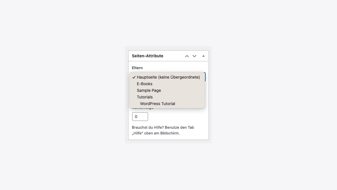Kleines Fenster mit dem Titel Seiten-Attribute; enthält eine Dropdown-Liste mit Optionen wie Eltern und Hauptseite.