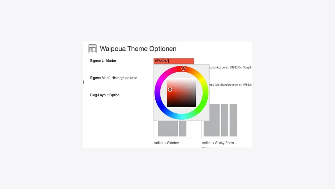 Screenshot der Waipoua Theme Optionen: Farbwähler (Kreis) in der Mitte, Links Textfelder, unten Vorschaubilder.