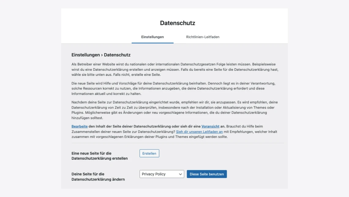 Screenshot einer Webseite mit dem Titel Datenschutz; zentrales helles Dialogfenster mit Einstellungen und Leitfaden.