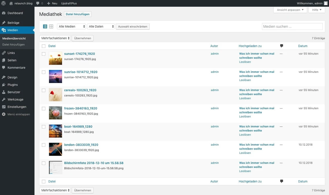 Screenshot der WordPress-Mediathek in Listenansicht mit Dateiliste, Spalten: Datei, Autor, Hochgeladen, Datum.