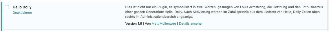 WordPress-Pluginseite mit Hello Dolly, Deaktivieren-Option, deutscher Beschreibungstext und Versionsangaben.