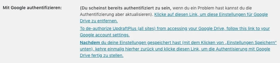 Screenshot eines Google-Anmeldefensters auf Deutsch mit Überschrift 'Mit Google authentifizieren' und blauen Links.