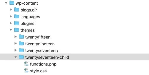 Dateibaum zeigt wp-content → themes → twentyseventeen → twentyseventeen-child mit functions.php und style.css.