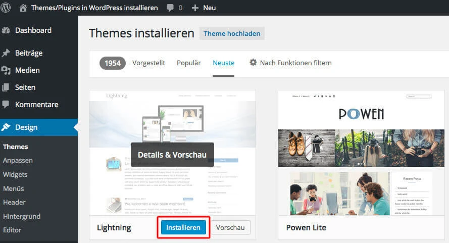 Screenshot der WordPress-Adminoberfläche: Theme-Installationsseite mit zwei Theme-Vorschaubildern und linkem Menü.