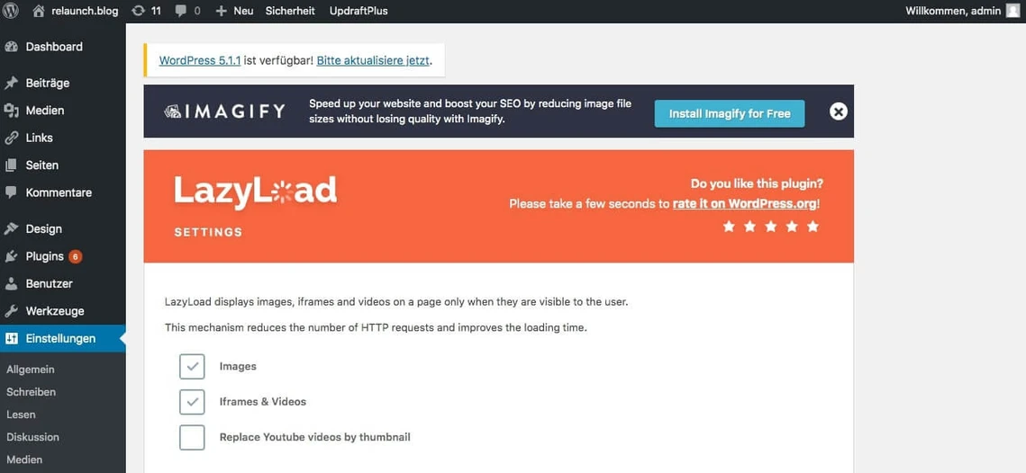 WordPress-Dashboard mit linkem Menü 'Einstellungen' und LazyLoad-Plugin-Seite mit orangefarbenem Kopf und Checkboxen.