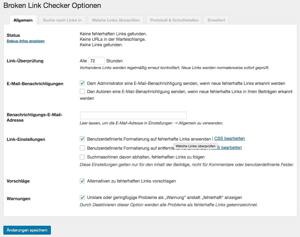 Screenshot des Broken Link Checker-Optionsfensters mit Allgemein-Tab, Checkboxen, Feldern und Button 'Änderungen speichern'.