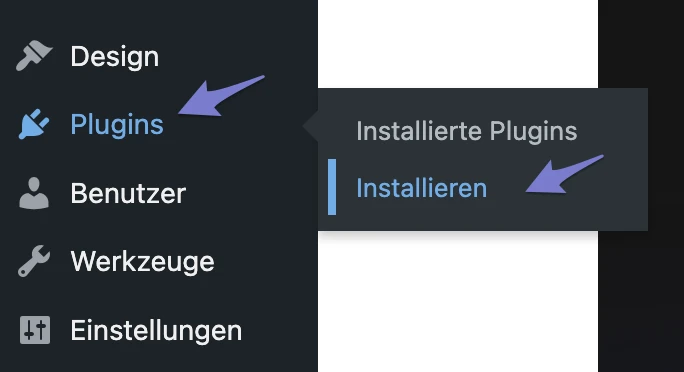 Seitliche dunkelgraue Menüleiste mit Design, Plugins, Benutzer, Werkzeuge, Einstellungen; Installierte Plugins mit Installieren