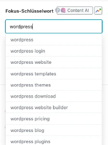 Screenshot eines Suchfelds mit dem Wort 'wordpress' und darunter einer Vorschlagsliste (login, website, templates, themes).