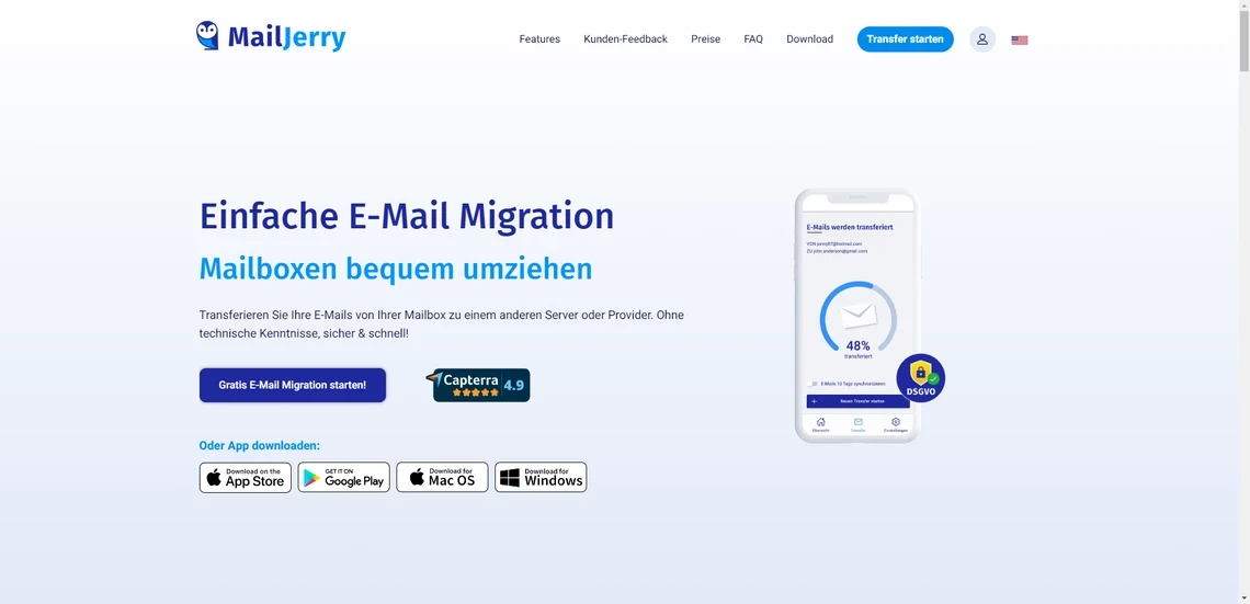 MailJerry-Startseite: Überschrift 'Einfache E-Mail Migration', rechte Smartphone-Darstellung, unten App-Store-Badges.